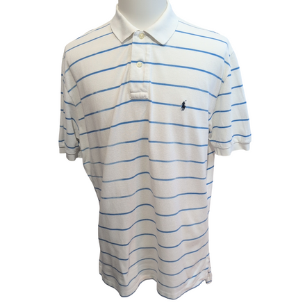 Polo Ralph Lauren Homme XL Blanc Rayures Bleues Logo Noir Polo Manches Courtes