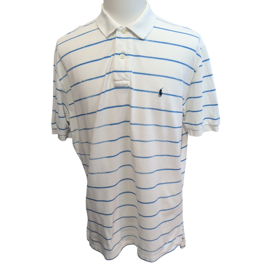 Polo Ralph Lauren Homme XL Blanc Rayures Bleues Logo Noir Polo Manches Courtes