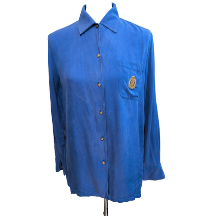 Chemise Lauren Ralph Lauren Femme S Soie Bleu Logo Écusson Doré Poche