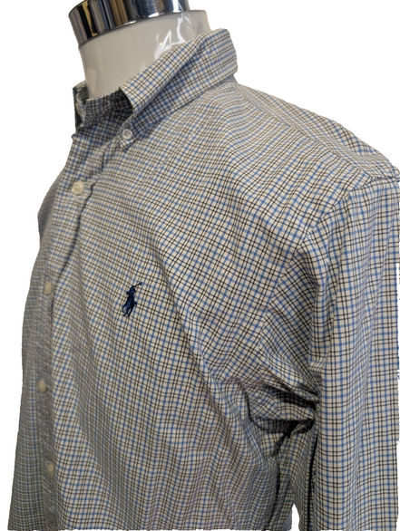 Chemise Polo Ralph Lauren Shirt M Custom Fit Micro-Carreaux Bleu Noir Button Dow