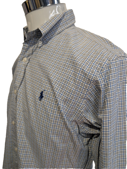 Chemise Polo Ralph Lauren Shirt M Custom Fit Micro-Carreaux Bleu Noir Button Dow
