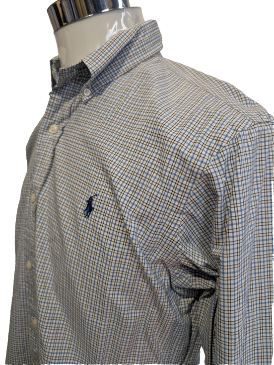 Chemise Polo Ralph Lauren Shirt M Custom Fit Micro-Carreaux Bleu Noir Button Dow