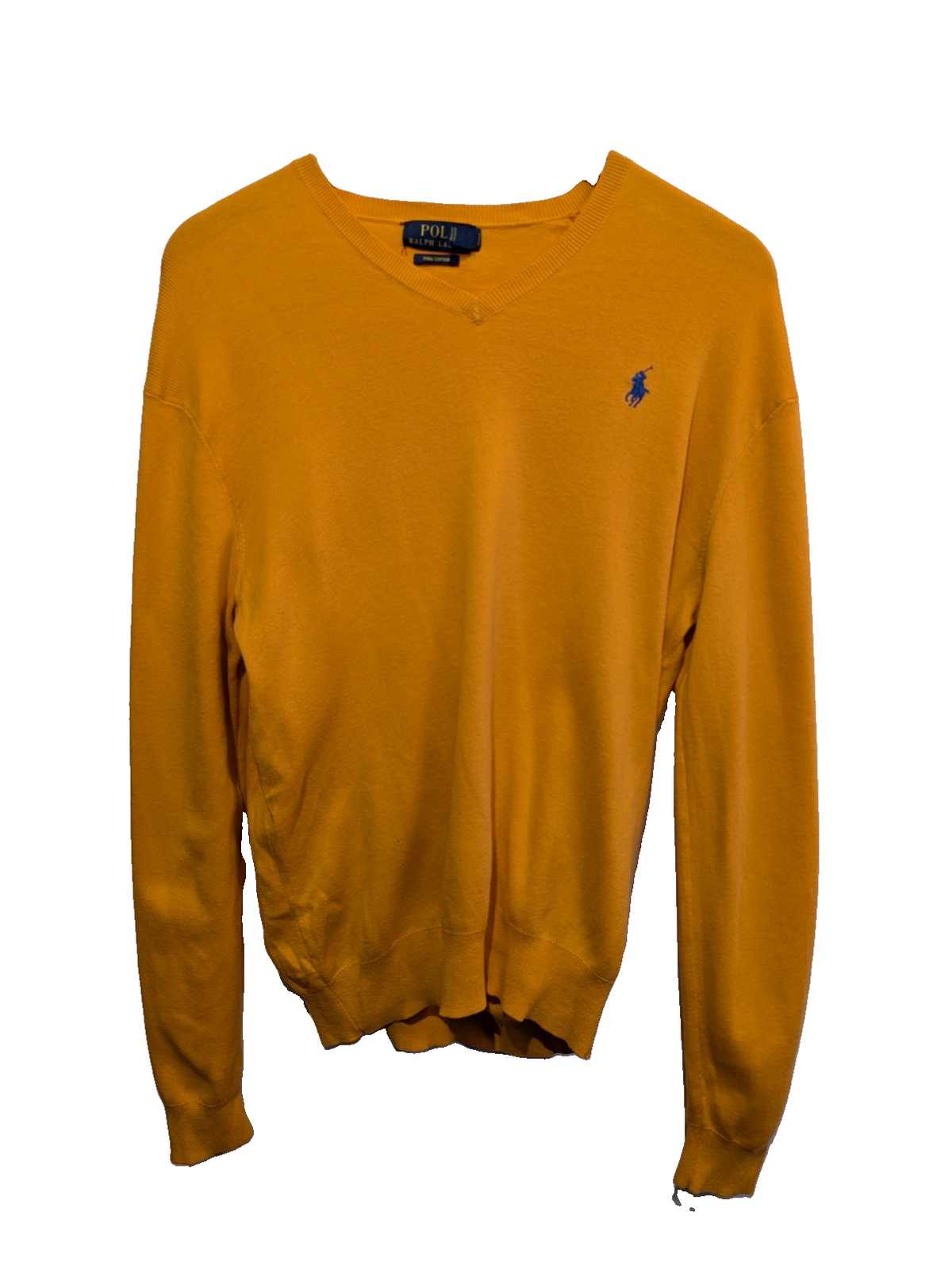 Pull Polo Ralph Lauren orange col V logo bleu Pima Cotton taille S