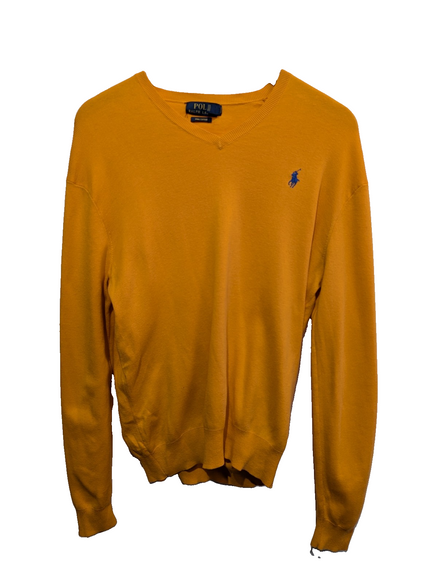 Pull Polo Ralph Lauren orange col V logo bleu Pima Cotton taille S