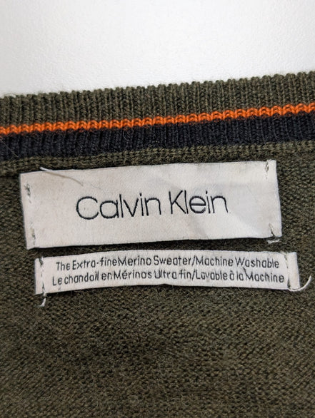 Pull CALVIN KLEIN Col V 100% Laine Mérinos Extra Fine Kaki Homme XL/XXL