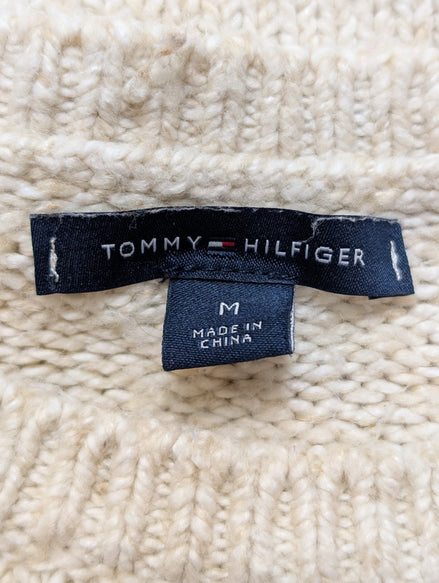 Pull Tommy Hilfiger Femme Blanc Crème Torsadé Épais Taille M Col Rond