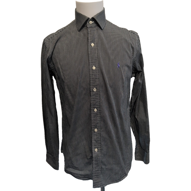 Chemise Ralph Lauren Custom Fit Dress Shirt 15 1/2 M Noir Rayures Coton