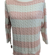 Pull Ralph Lauren (Lauren) Femme L Col Rond Rose Blanc Torsadé 100% Coton 🏷️