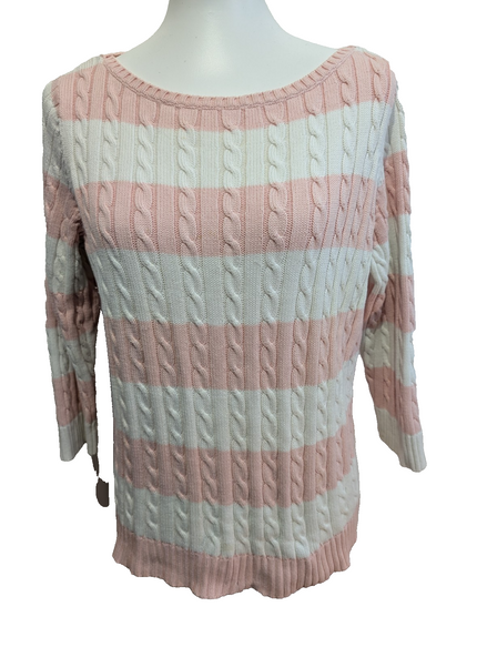 Pull Ralph Lauren (Lauren) Femme L Col Rond Rose Blanc Torsadé 100% Coton 🏷️