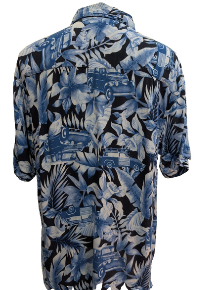 Chemise Hawaïenne Panama Jack Bleue Motifs Fleurs et Voitures - Taille L