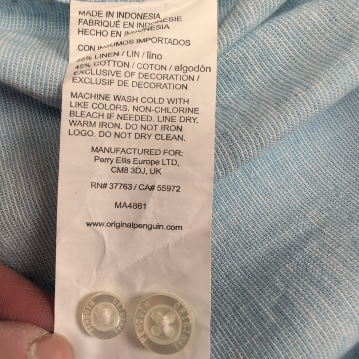 Chemise Penguin L Bleu Clair Uni Lin Coton Manches Retractables