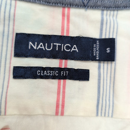 Chemise Nautica S Blanc Rayures Rouge Bleu MC Classic Fit 100% Coton