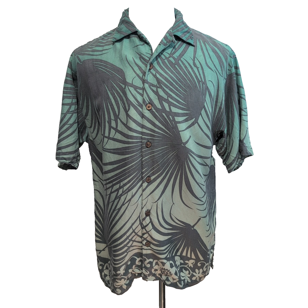 Chemise Hawaïenne Tommy Bahama S 100% Soie Vert Feuillage Boutons Bois
