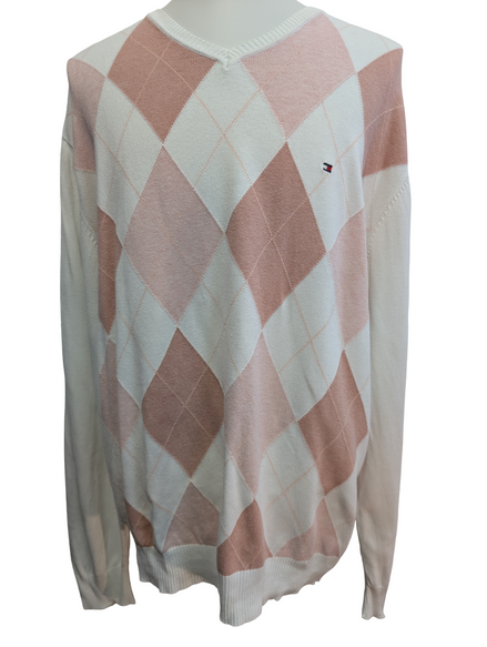 Pull Tommy Hilfiger Homme Col V Losanges Arlequin Saumon - Taille 2XL / 3XL