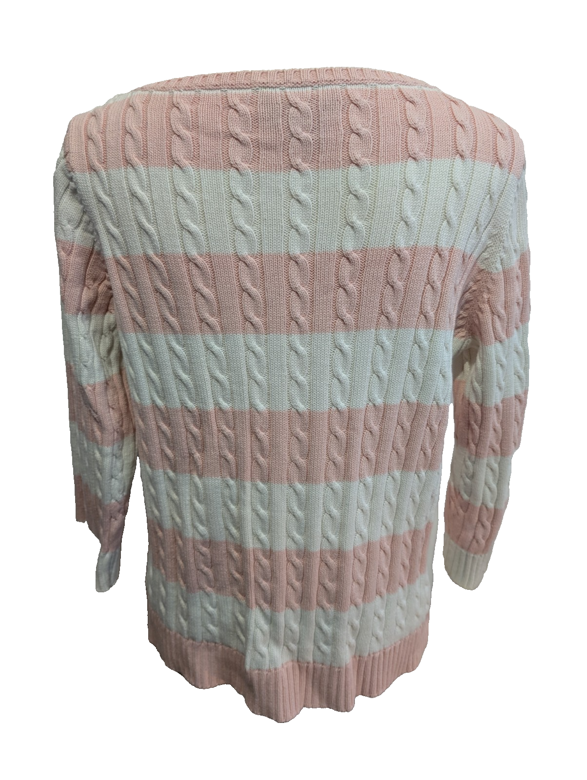 Pull Ralph Lauren (Lauren) Femme L Col Rond Rose Blanc Torsadé 100% Coton 🏷️