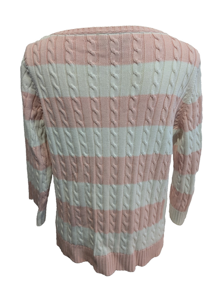 Pull Ralph Lauren (Lauren) Femme L Col Rond Rose Blanc Torsadé 100% Coton 🏷️
