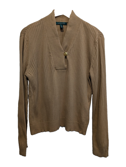 Pull LAUREN Ralph Lauren XL beige camel col V bouton doré maille côtelée