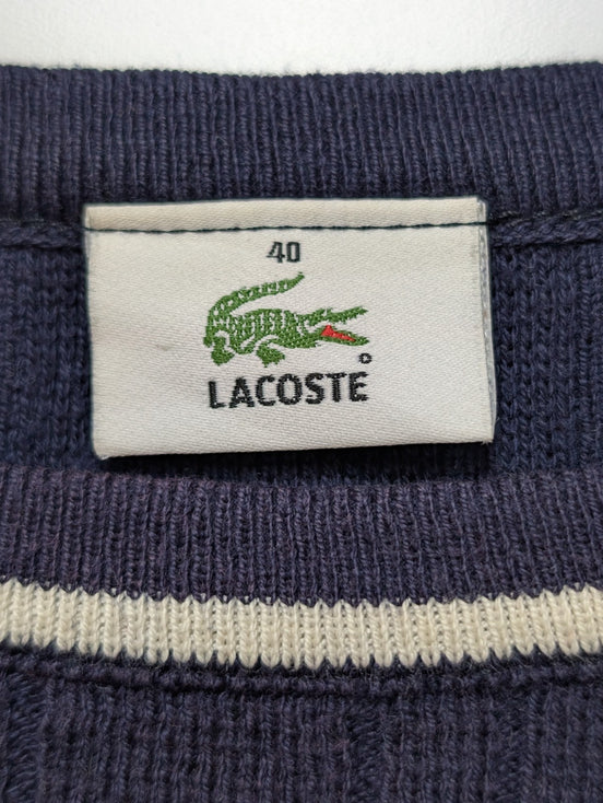 Pull Lacoste Vintage Bleu Marine Rayures Gaufrées Col Rond - Taille 40 L