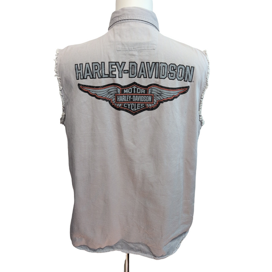 Chemise Harley Davidson L Sans Manches Crème Coton Logo Dos Poche