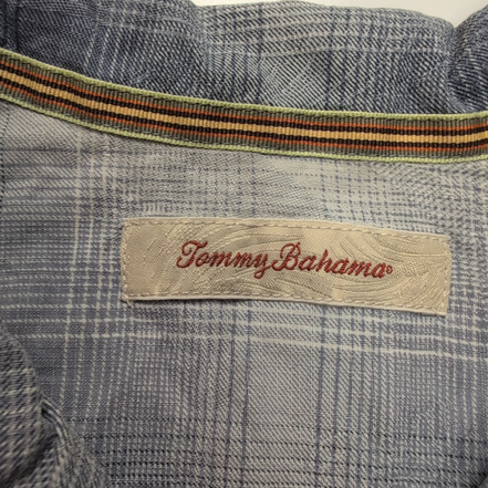 Chemise Hawaïenne Tommy Bahama L 100% Soie Bleue Carreaux Boutons Bois