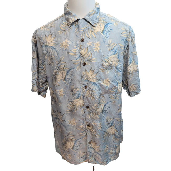 Chemise Hawaïenne JoS.A.Bank XL 100% Soie Bleue Feuillage Manches Courtes