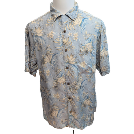 Chemise Hawaïenne JoS.A.Bank XL 100% Soie Bleue Feuillage Manches Courtes