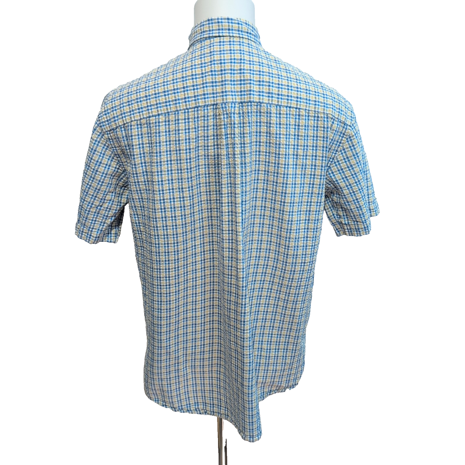 Chemise L.L.Bean M bleu jaune gaufrée manches courtes coton rare