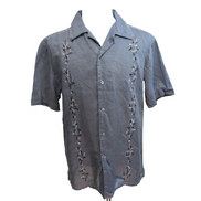 Chemise Hawaïenne Visitor Vintage M 100% Lin Gris Style Cuba Brodée
