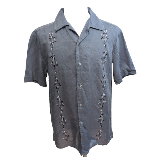 Chemise Hawaïenne Visitor Vintage M 100% Lin Gris Style Cuba Brodée