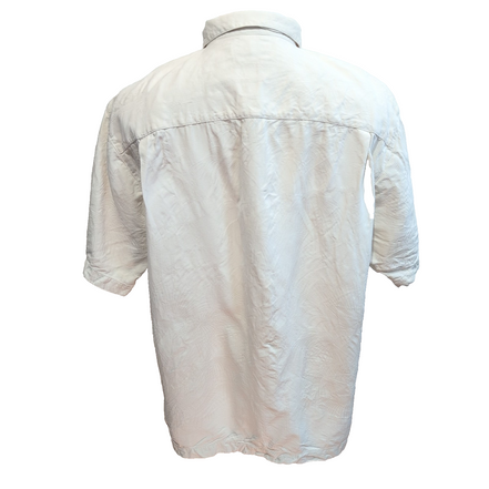 Chemise Hawaïenne Tommy Bahama XL 100% Soie Blanche Palmiers Boutons Bois