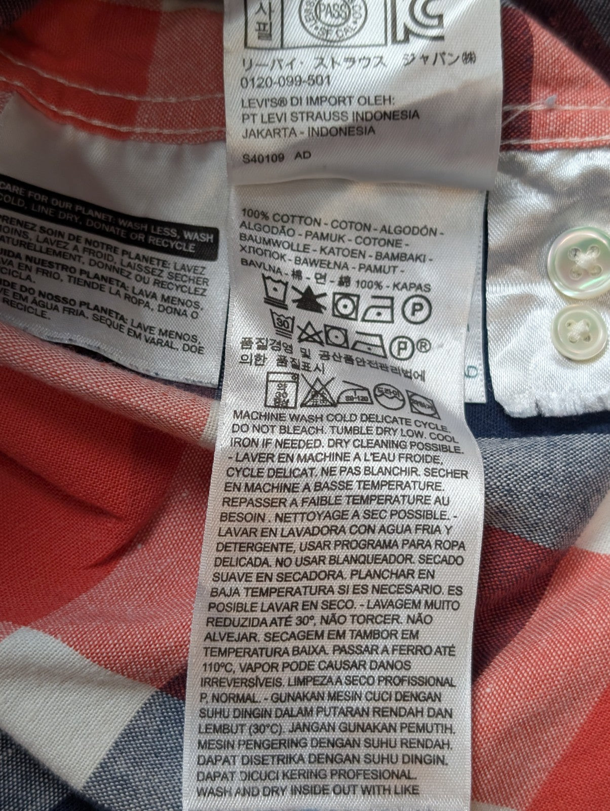 Chemise Levi's à Carreaux Rouge Blanc Bleu - Effet Lin Manches Longues T.XL