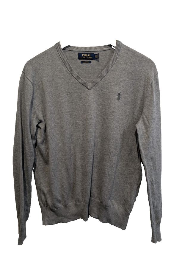 Pull Polo Ralph Lauren Polo col V gris logo gris Pima Cotton taille S