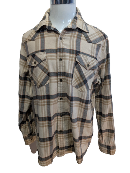 Wrangler L Chemise Western Flanelle Crème Beige Carreaux Boutons Métal