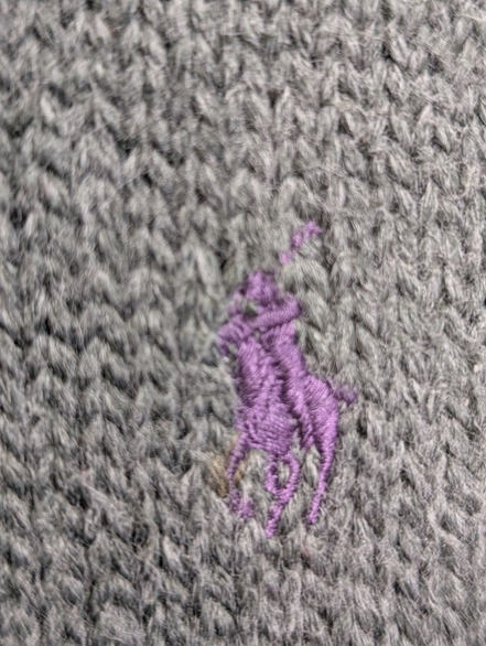 Pull Polo Ralph Lauren XL gris foncé col rond coton logo violet brodé