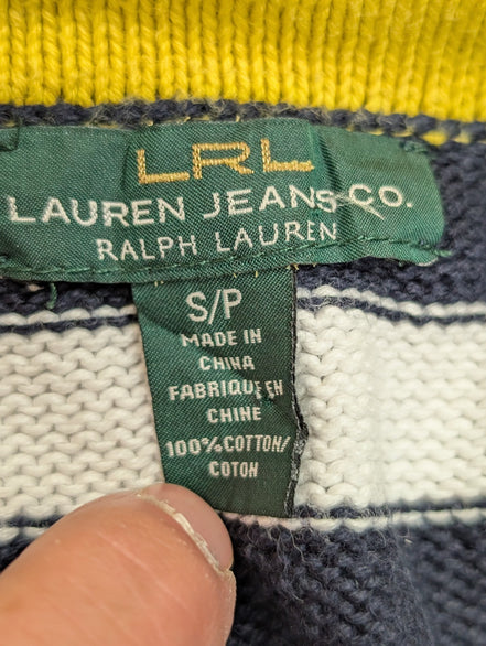 Pull Lauren Ralph Lauren femme S col zippé rayures marine écru jaune coton
