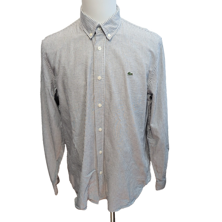 Chemise Lacoste Regular Fit L 42 Grise Rayée Oxford Coton Logo Vert